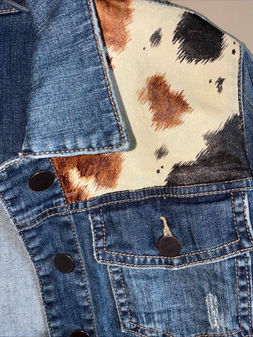 Kut from the Kloth Blue Denim Jacket with Brown and White Cow Print Yoke - Picture 2 of 8